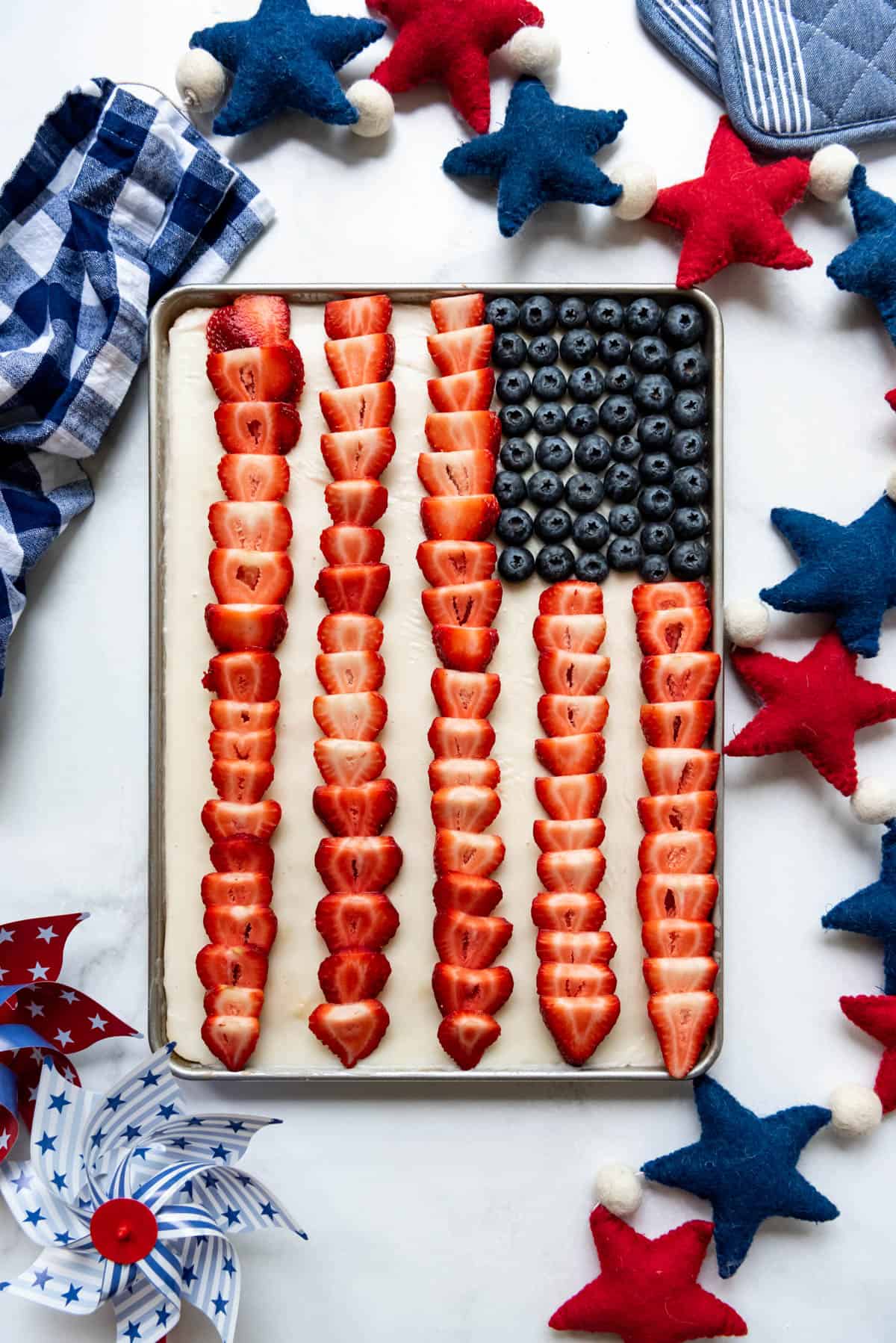 A decorated 4th of July patriotic flag cake.