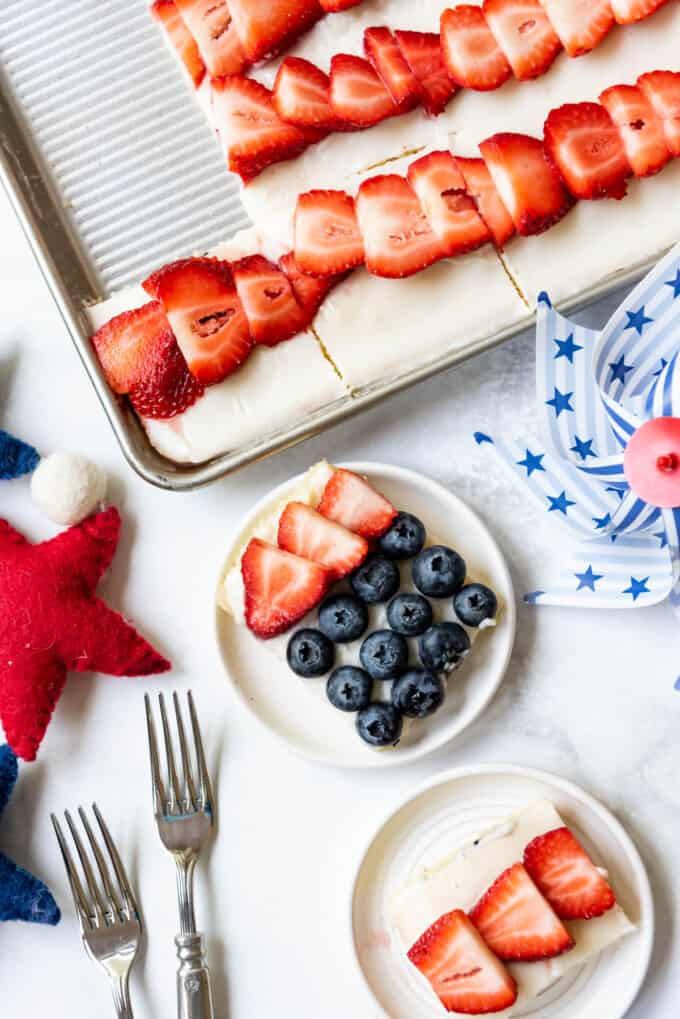 An overhead image of a slice of flag cake on a plate.