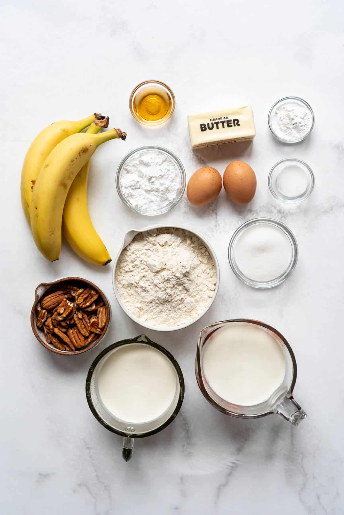 Ingredients for banana pecan waffles.