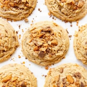 A close image of soft peanut butter butterfinger cookies.