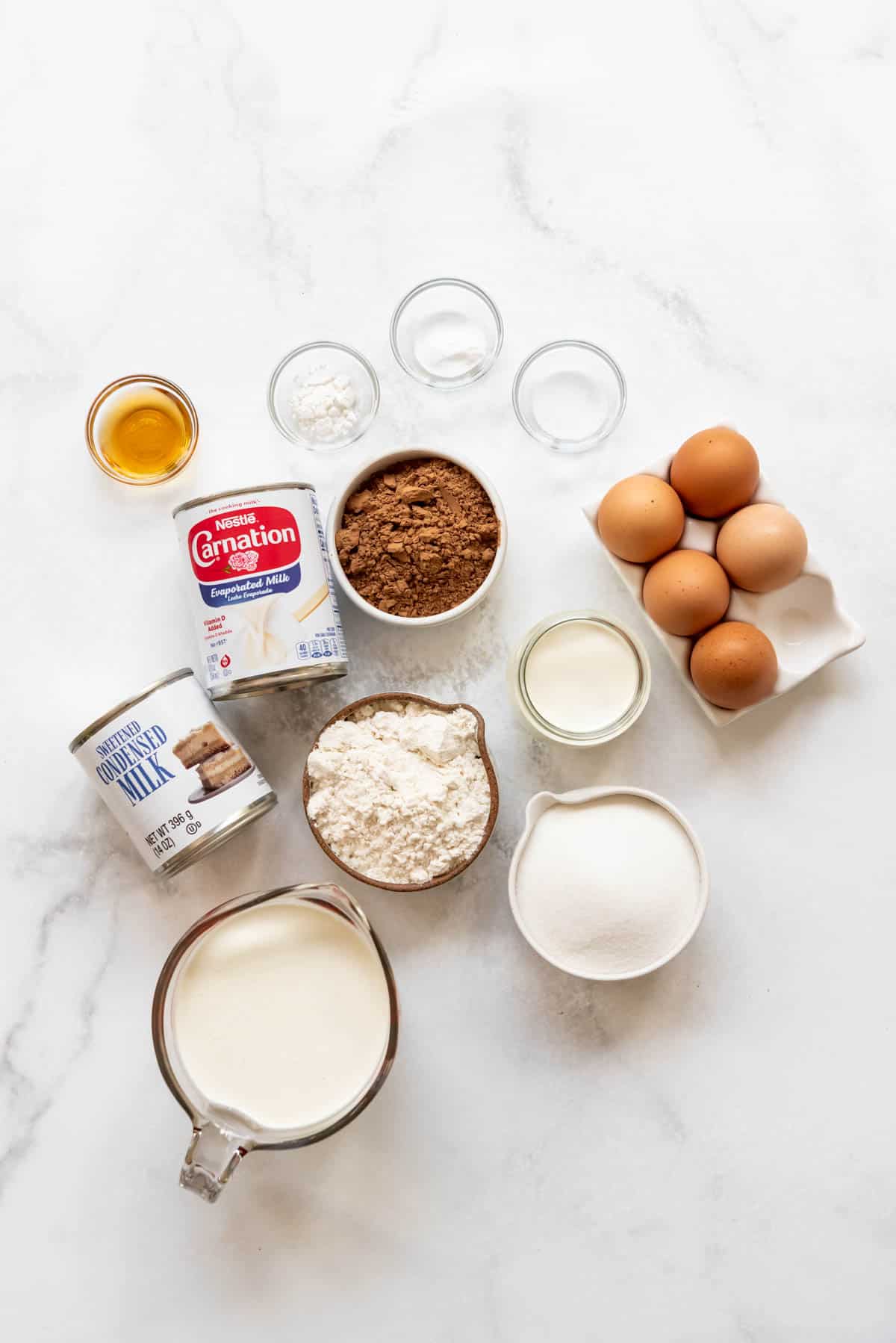 Ingredients for chocolate tres leches cake.