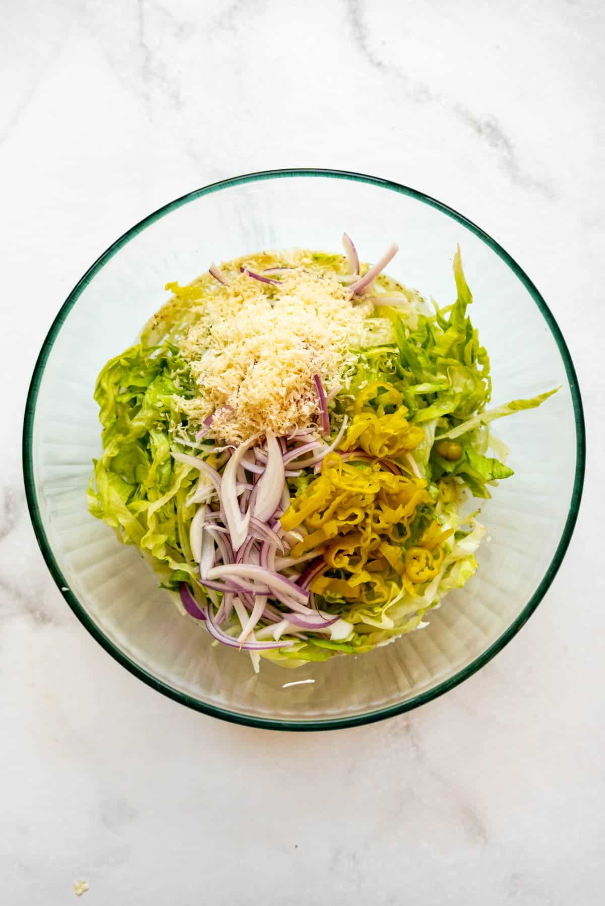 Grinder salad sandwich ingredients in a bowl.