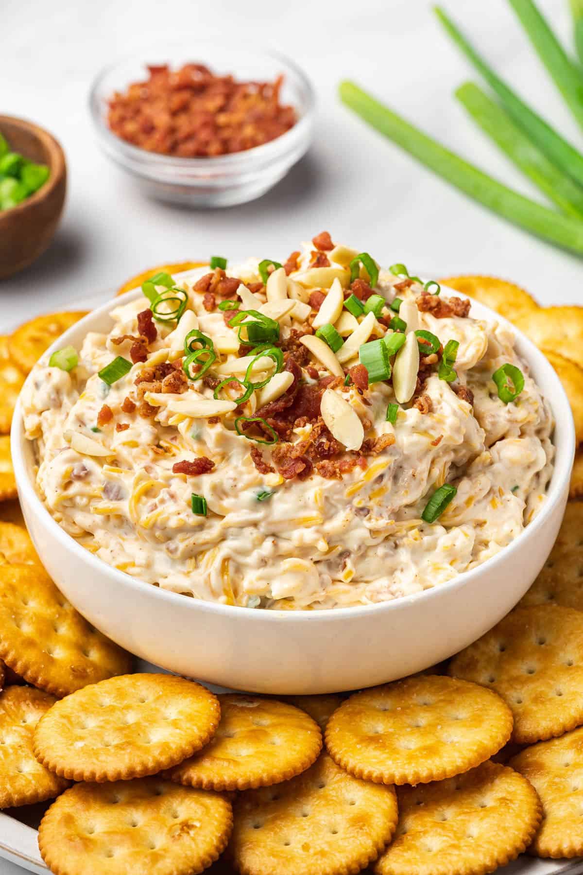 A bowl of million dollar dip surrounded by ritz crackers.