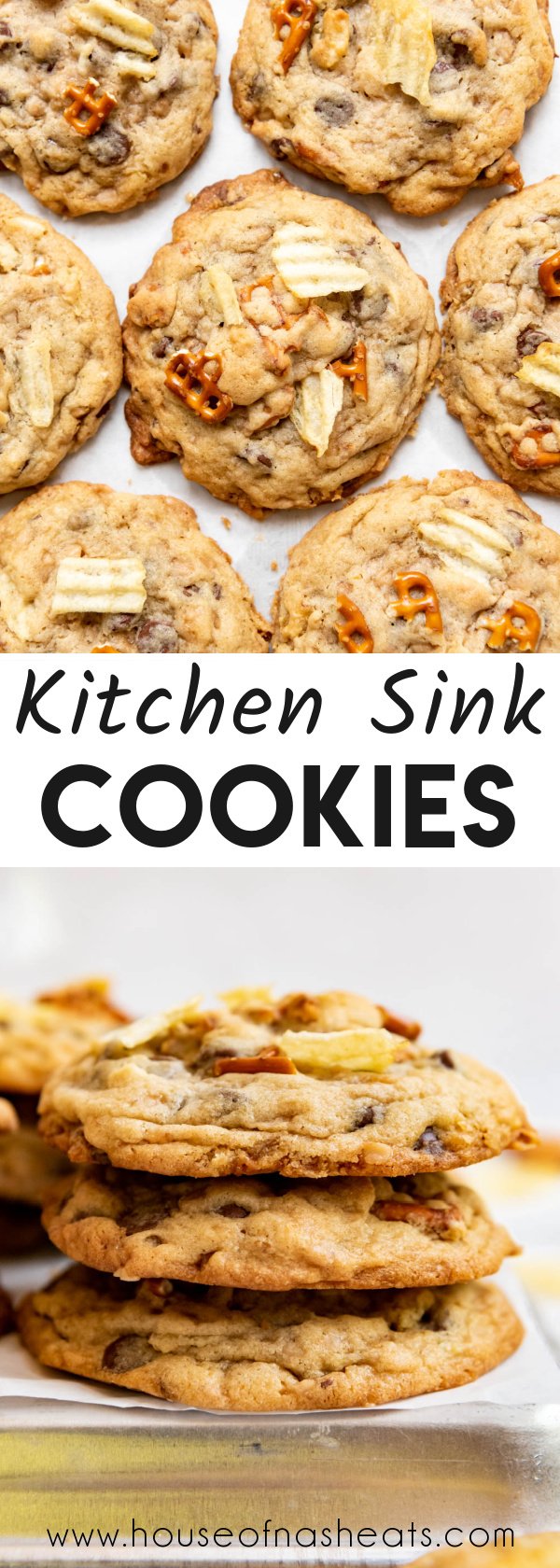 A collage of images of kitchen sink cookies with text overlay.