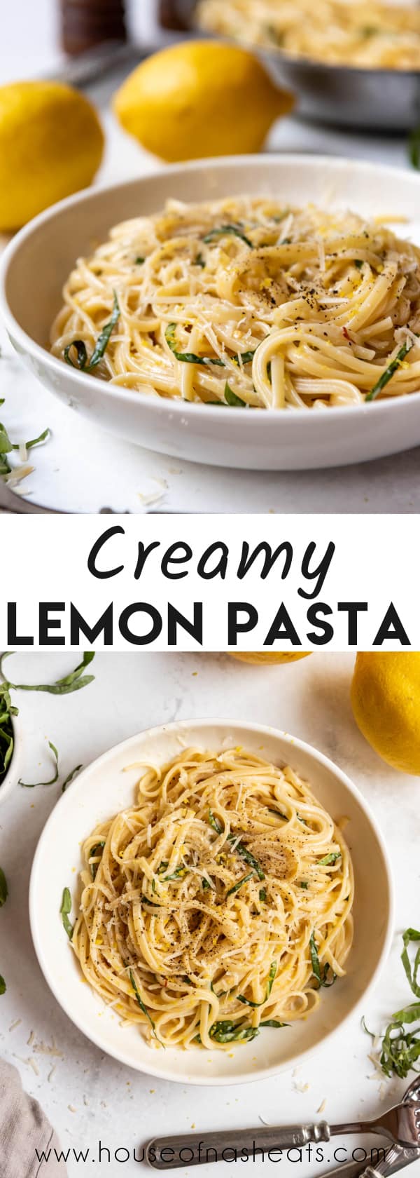 A collage of images of a bowl of lemon pasta with text overlay.