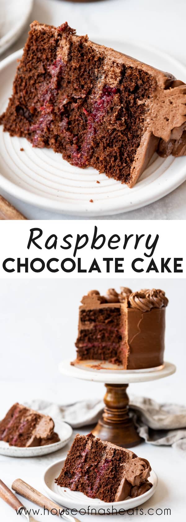 A collage of raspberry chocolate cake images with text overlay.