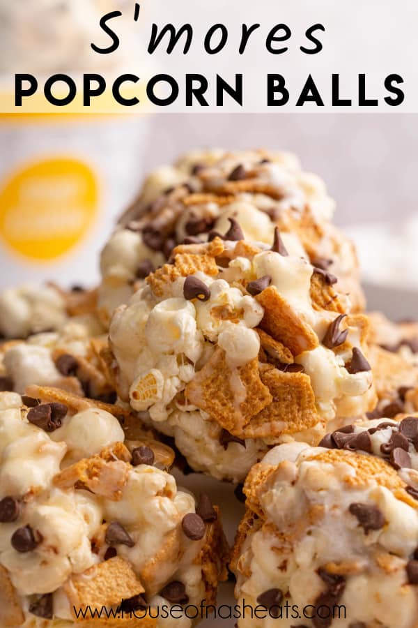 A pile of s'mores popcorn balls with text overlay.