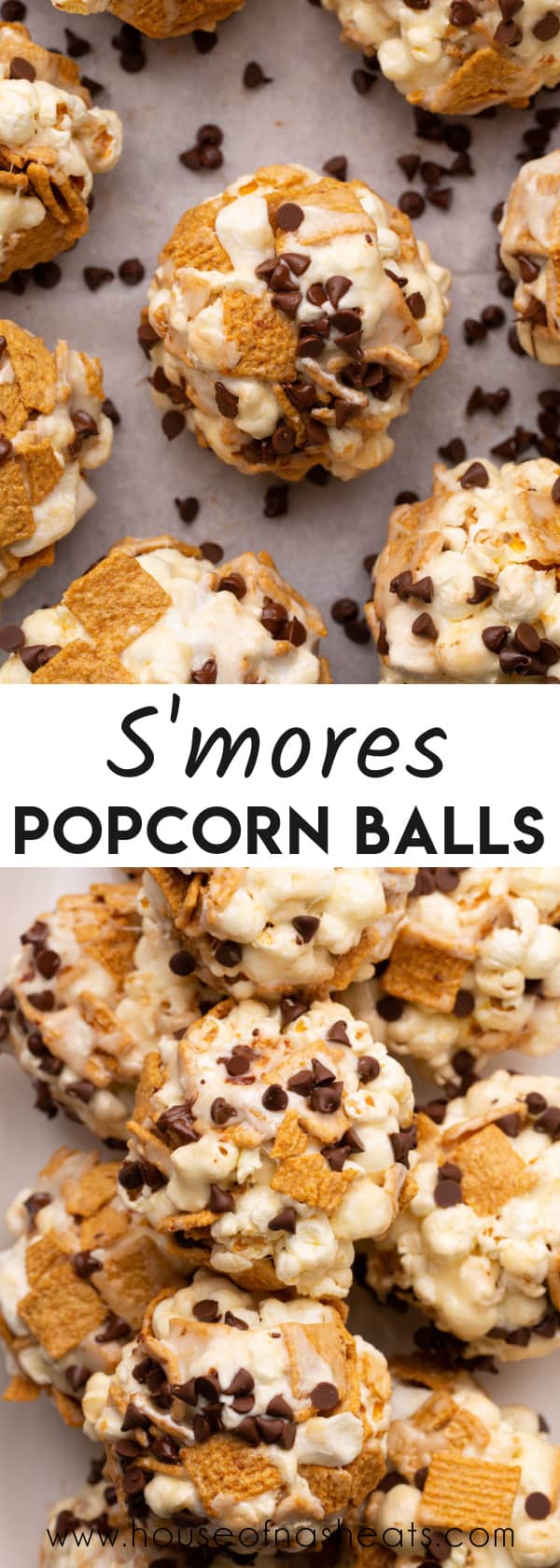 A collage of images of s'mores popcorn balls with text overlay.