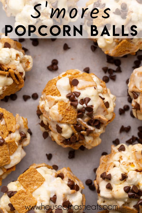 S'mores popcorn balls with text overlay.