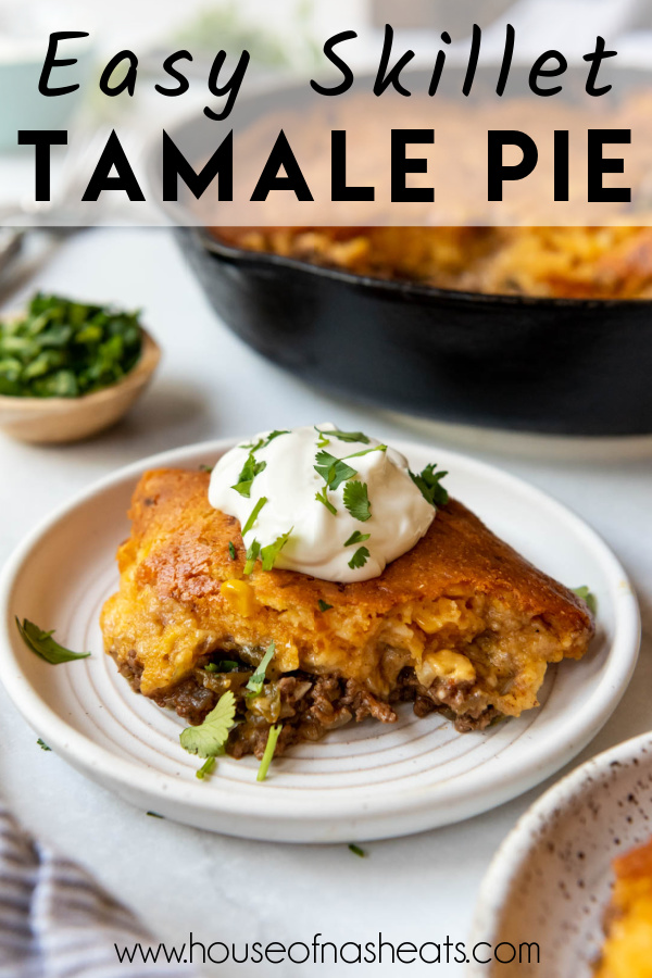 A serving of tamale pie on a plate with text overlay.
