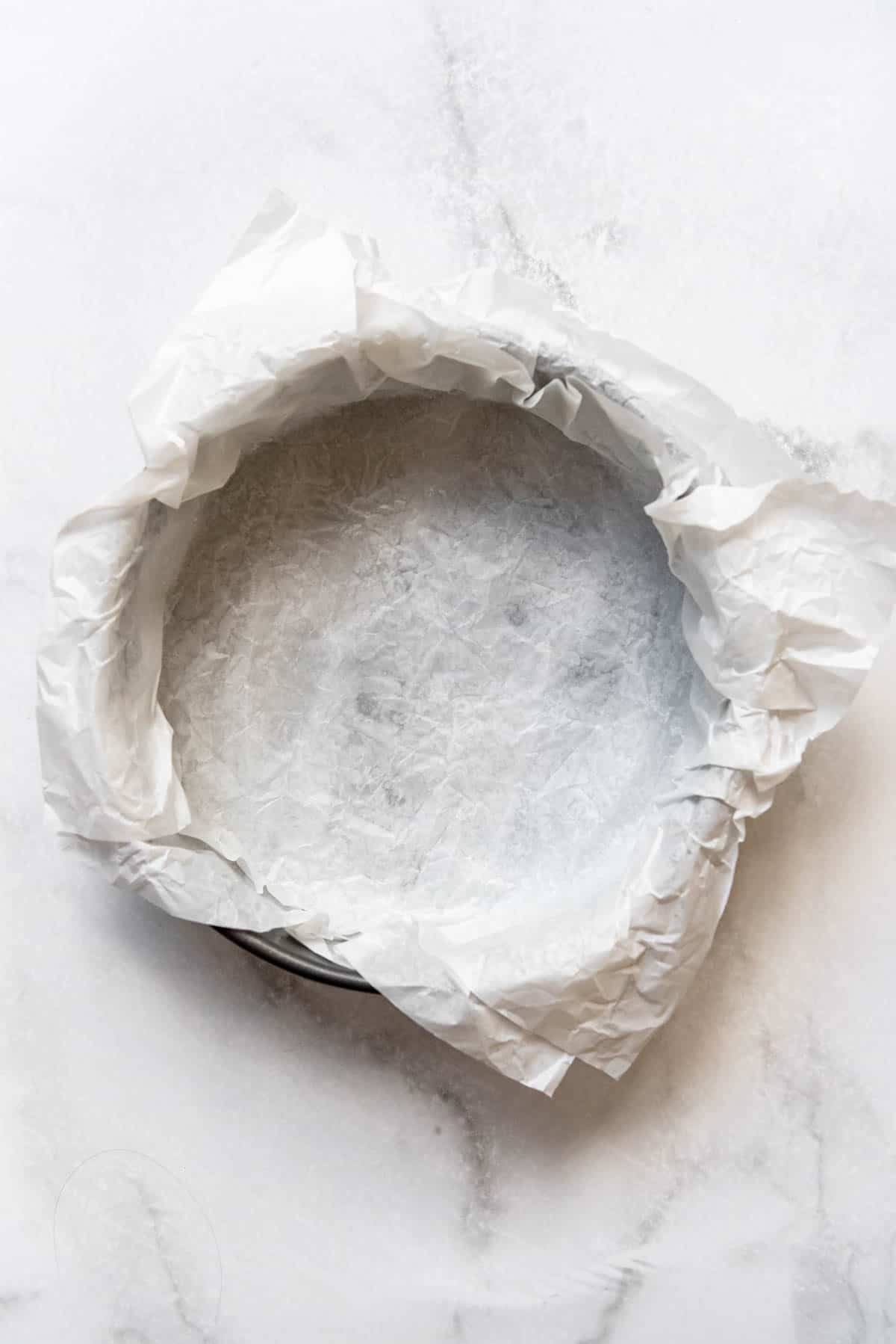A 9-inch springform pan lined with two layers of parchment paper.