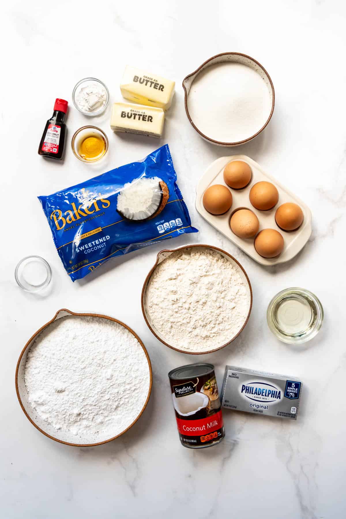 Top view of ingredients needed to make Coconut Cake.