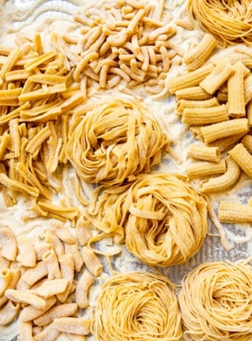 Different types of fresh homemade pasta around nests of fresh fettuccine pasta noodles.
