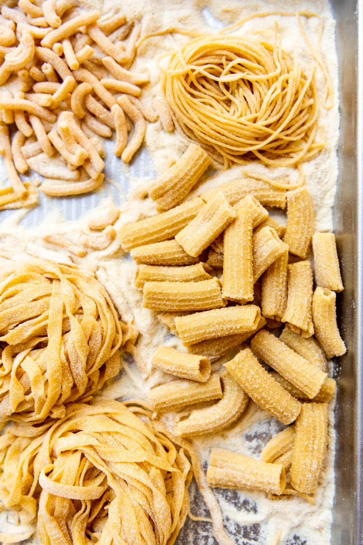 A close image of homemade rigatoni pasta.