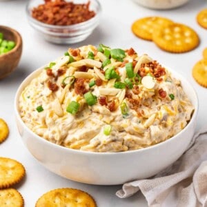 A bowl of million dollar dip surrounded by Ritz crackers.