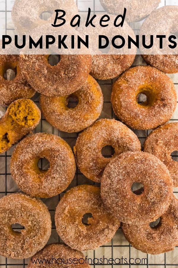 An overhead image of a dozen baked pumpkin donuts with text overlay.