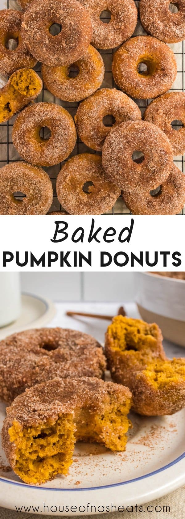 A collage of images of baked pumpkin donuts with text overlay.