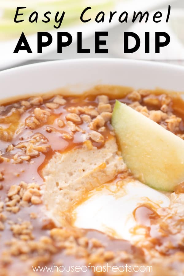 An apple scooping caramel apple dip with text overlay.