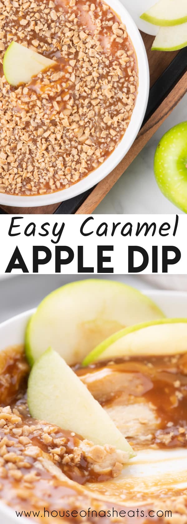 A collage of images of caramel apple dip with text overlay.