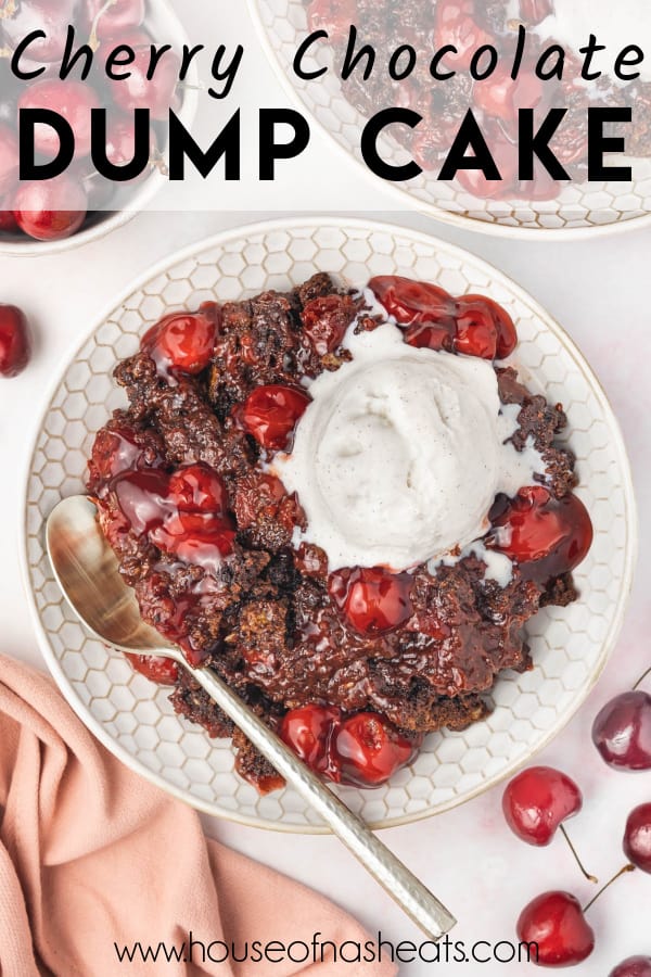 An overhead image of a bowl of chocolate cherry dump cake with text overlay.