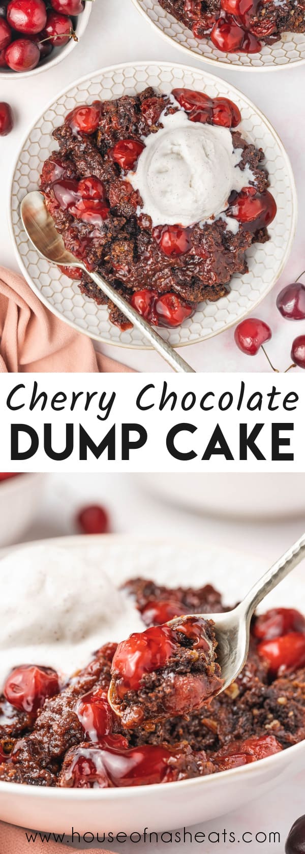 A collage of images of chocolate cherry dump cake with text overlay.