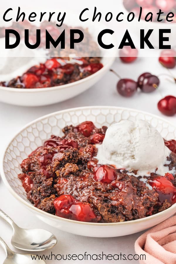 A bowl of chocolate cherry dump cake with ice cream on top and text overlay.
