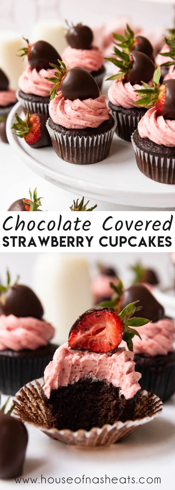 A collage of images of chocolate covered strawberry cupcakes with text overlay.