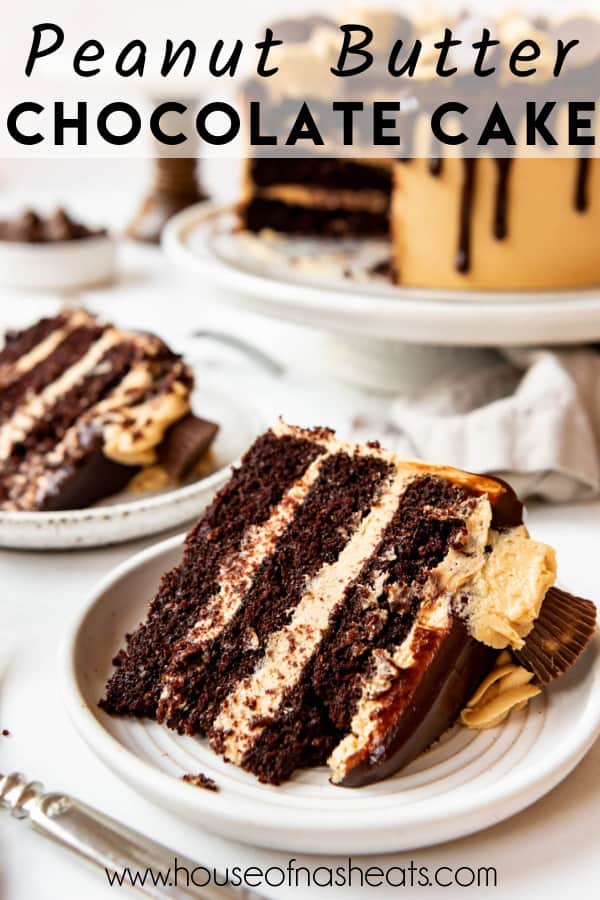 A slice of chocolate peanut butter cake with text overlay.