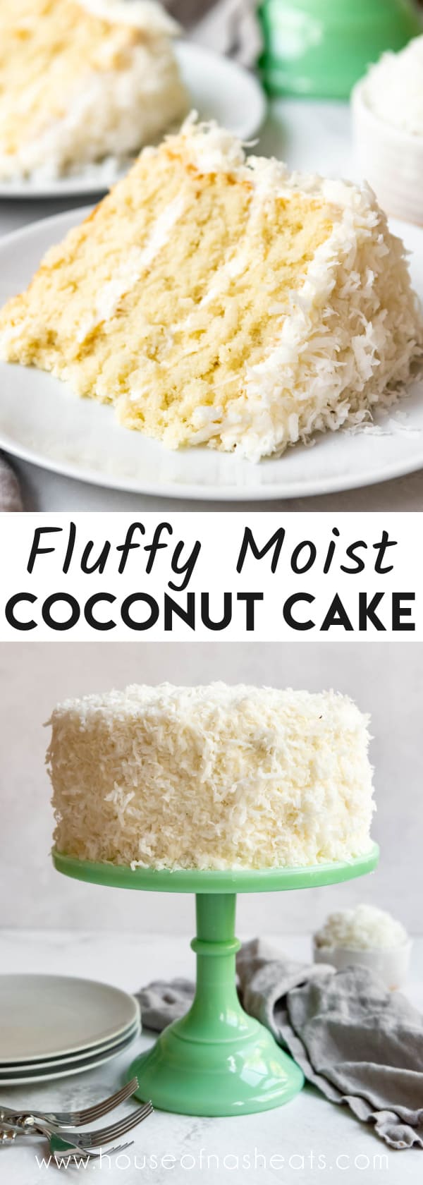 A collage of images of coconut cake with text overlay.