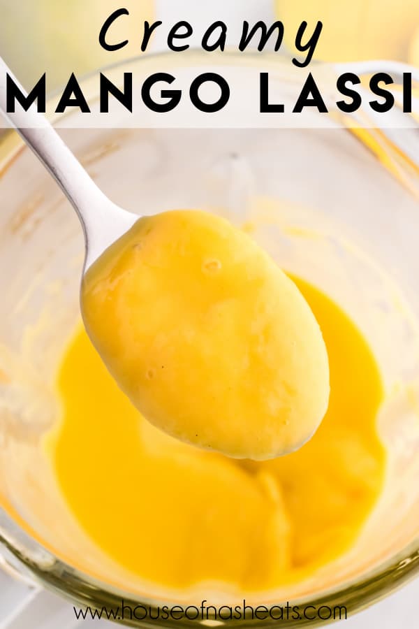 A spoonful of mango lassi mix with text overlay.