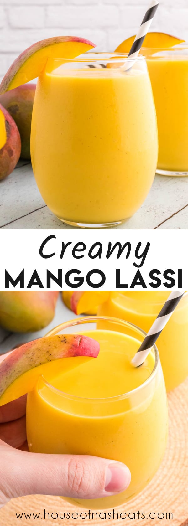 A collage of images of mango lassi drink with text overlay.