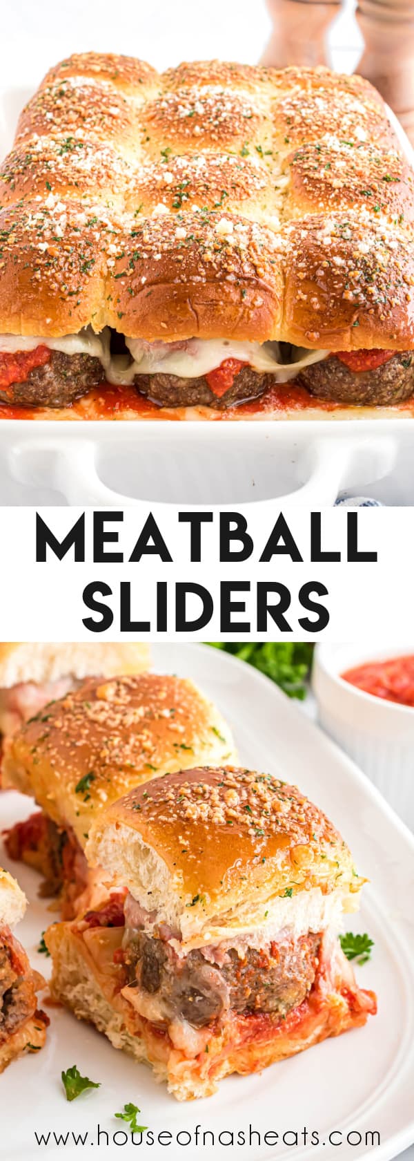 A collage of images of meatball sliders with text overlay.