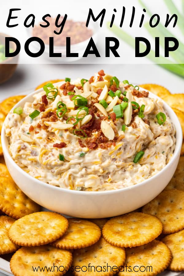 A bowl of million dollar dip surrounded by crackers with text overlay.