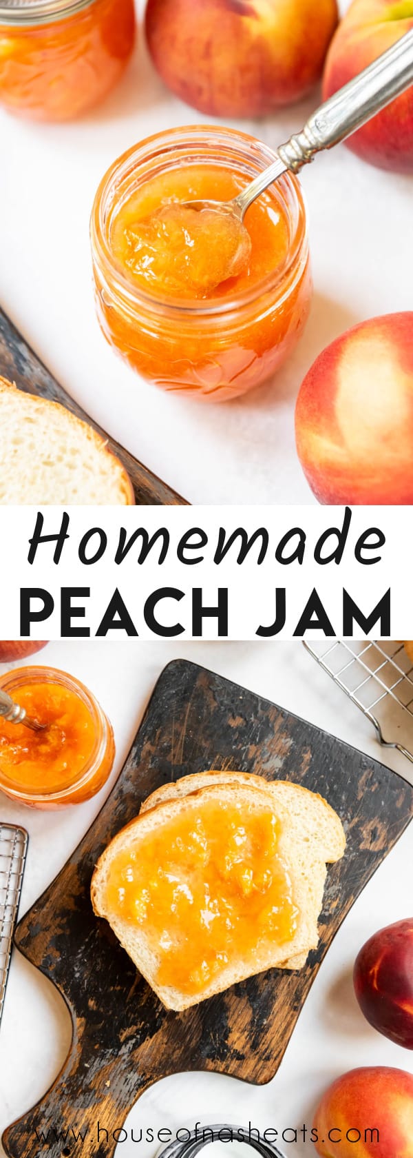 A collage of images of peach jam with text overlay.