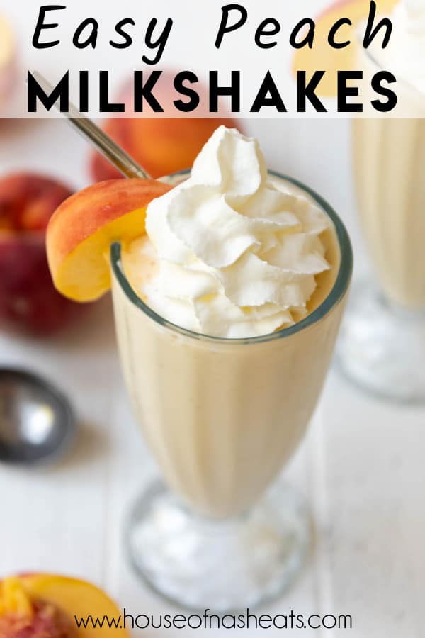 An overhead image of swirled whipped cream in a peach milkshake with a straw in it and text overlay.