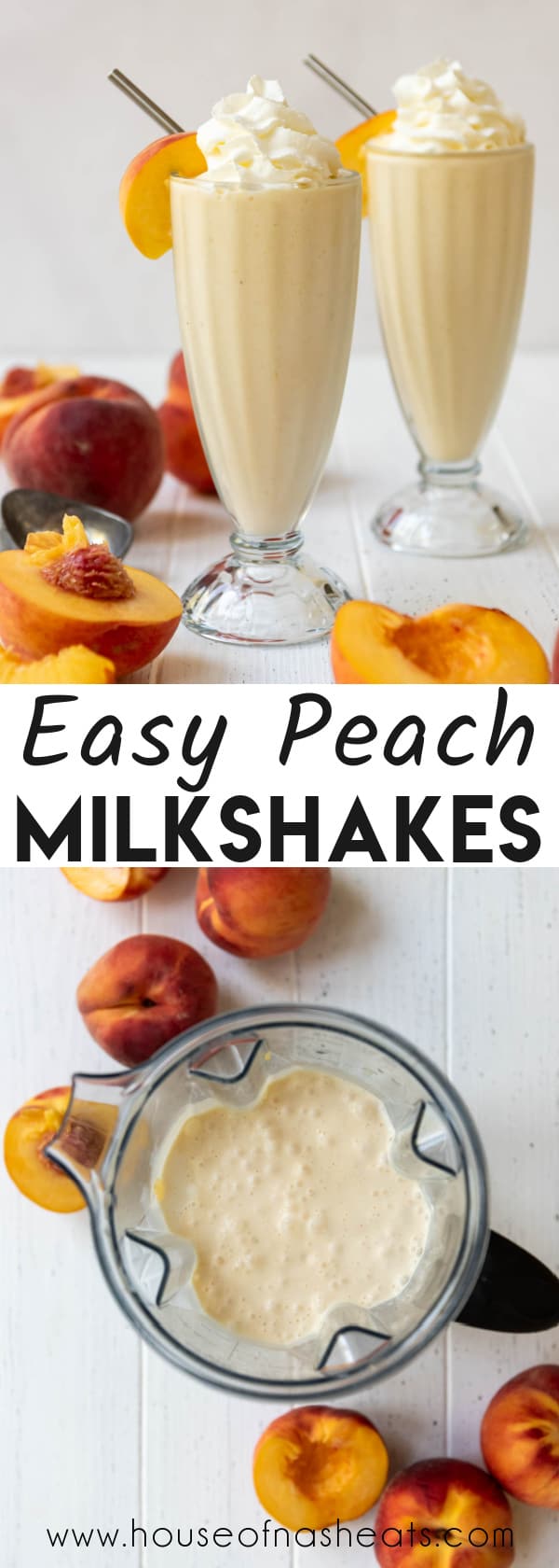 A collage of images of peach milkshakes with text overlay.