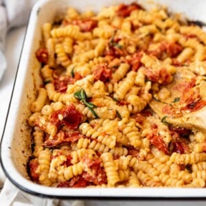 A casserole dish of viral TikTok baked feta pasta.