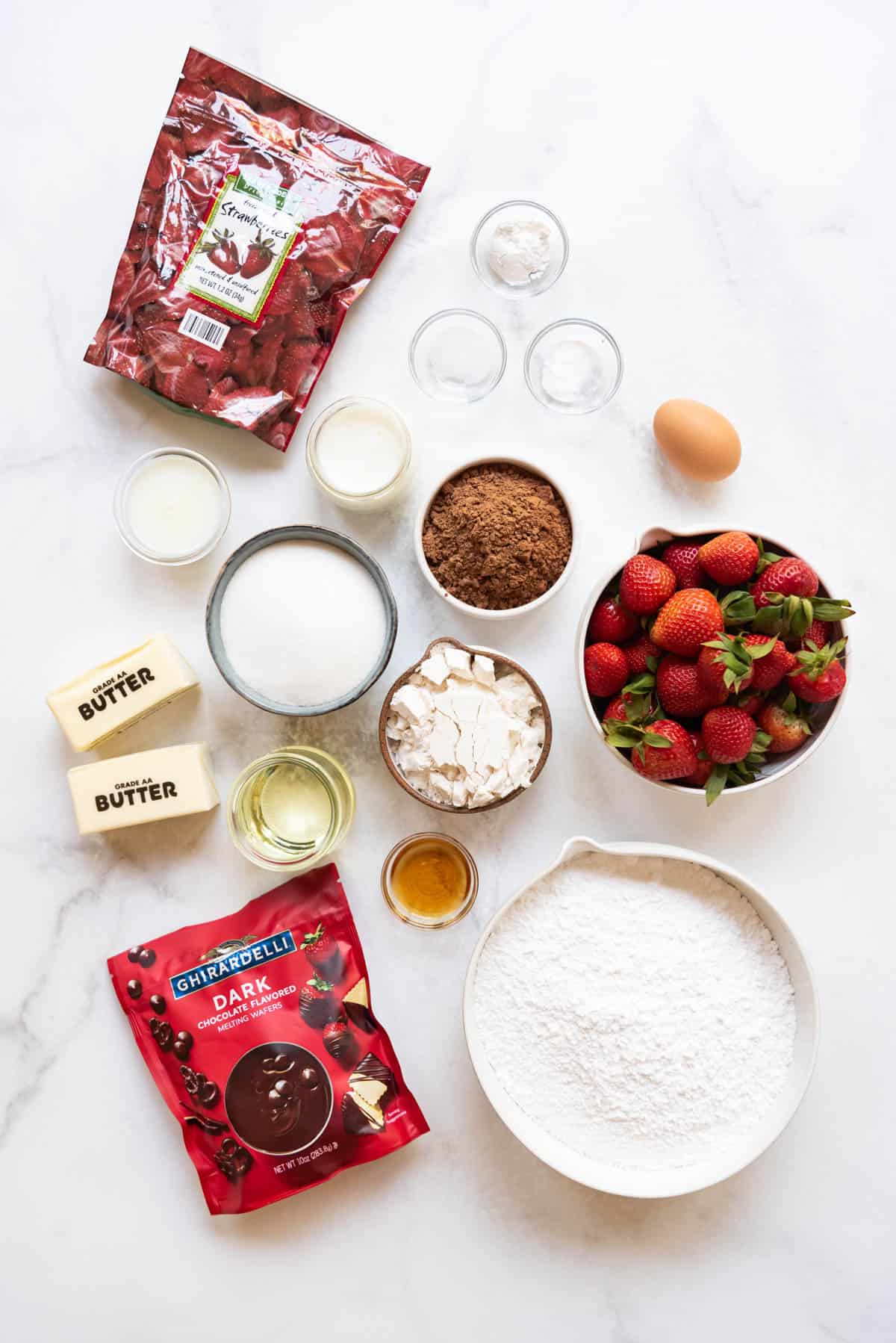 Ingredients for chocolate covered strawberry cupcakes.
