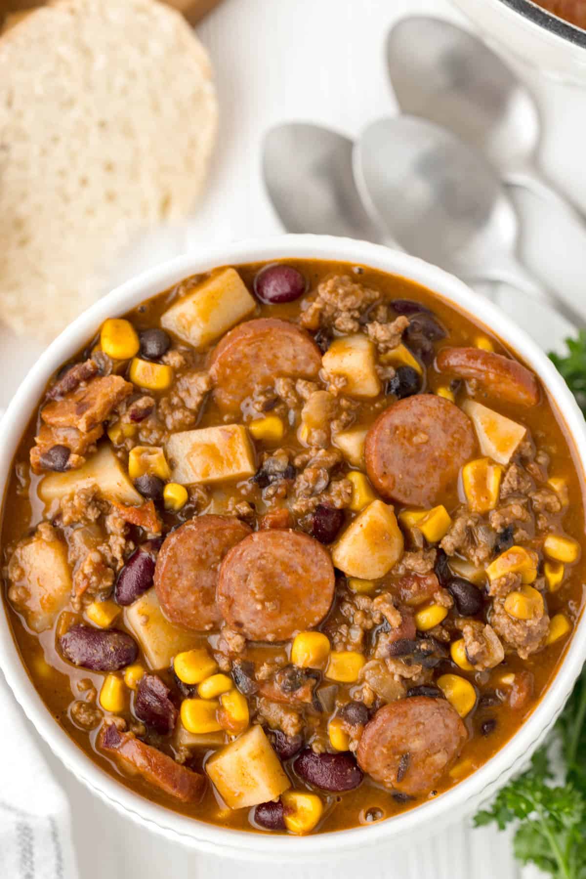 An overhead image of a bowl of cowboy stew.
