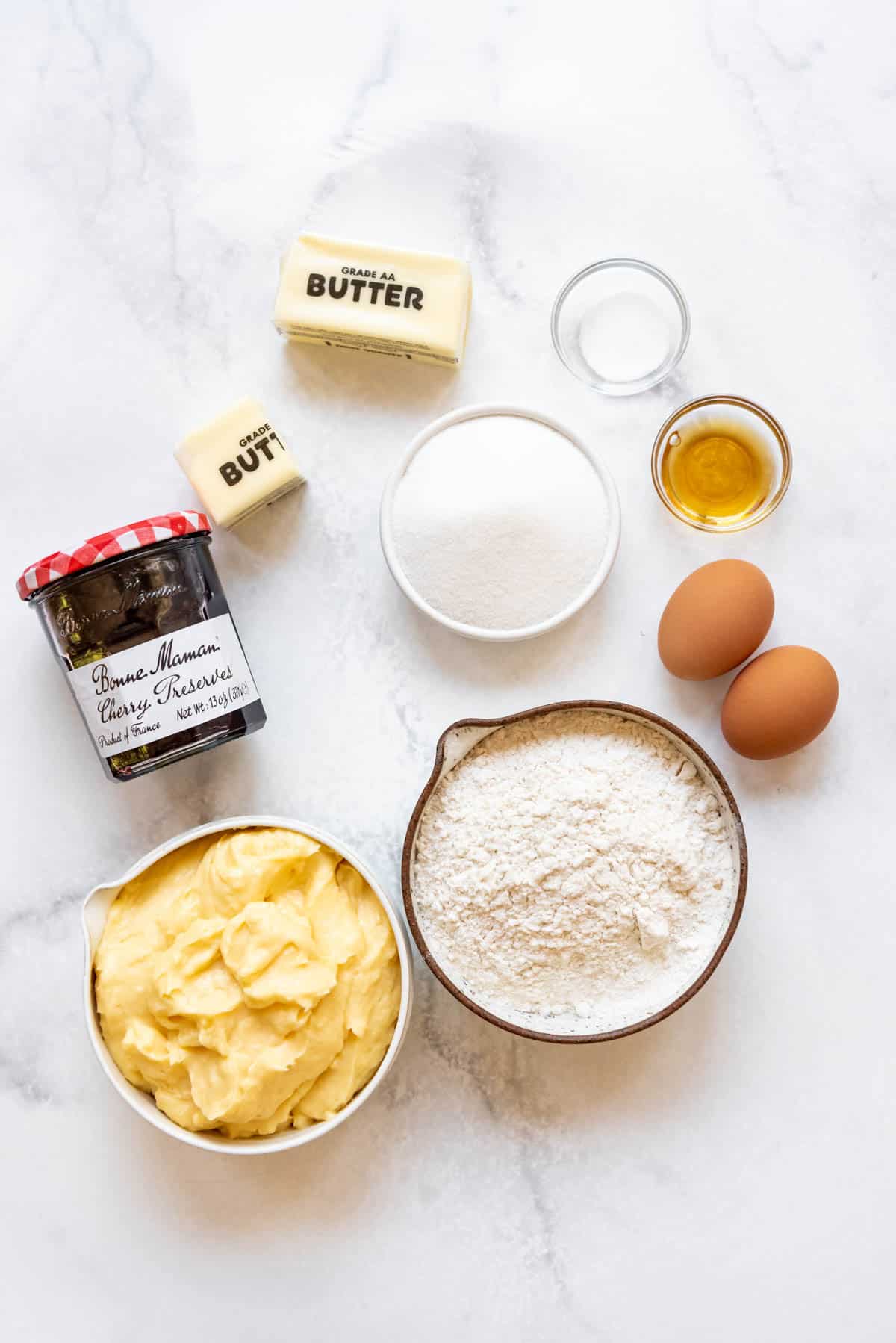 Ingredients for a homemade gateau basque recipe.