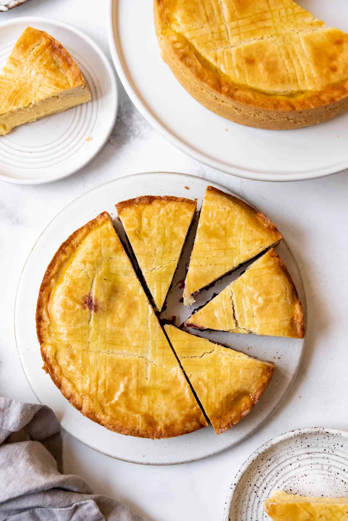 A sliced cherry Gateau Basque.