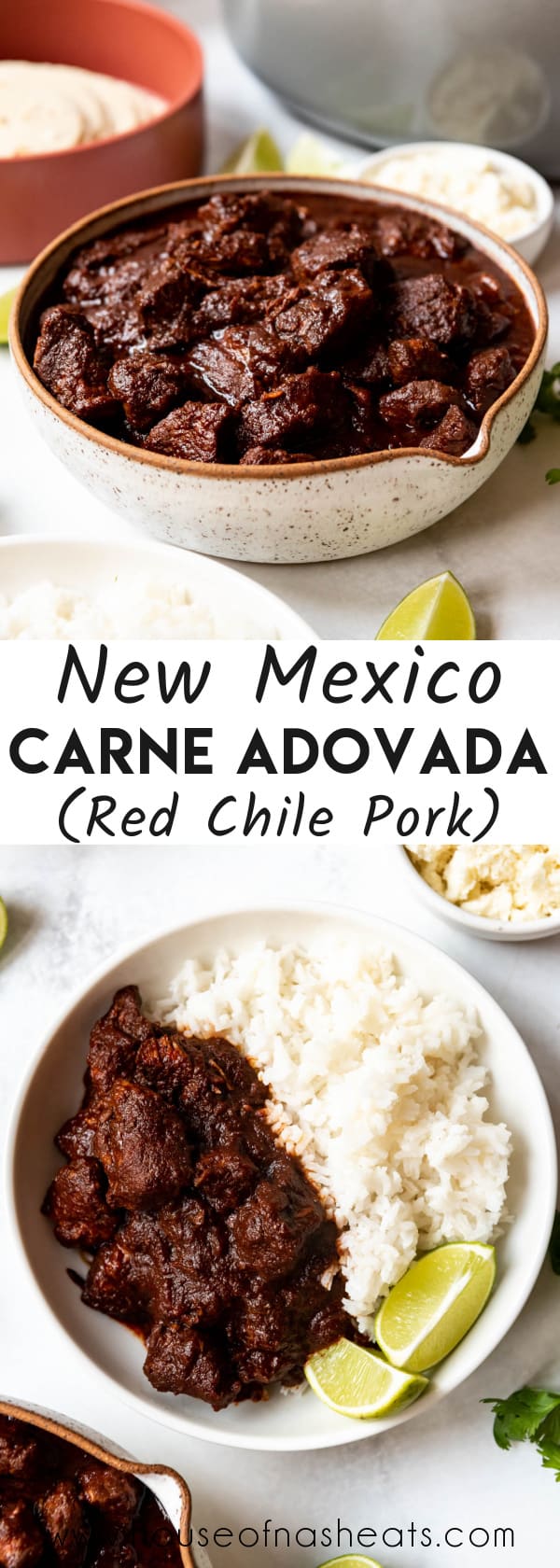 A collage of images of carne adovada with text overlay.