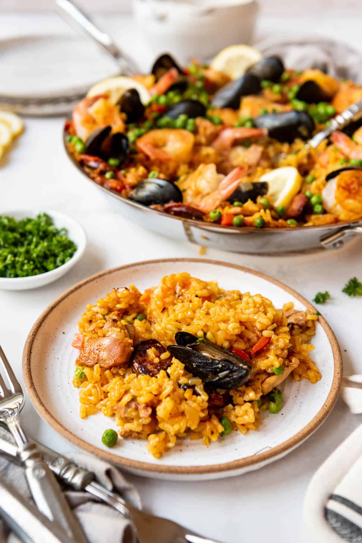 A serving of paella on a plate in front of the paella pan.