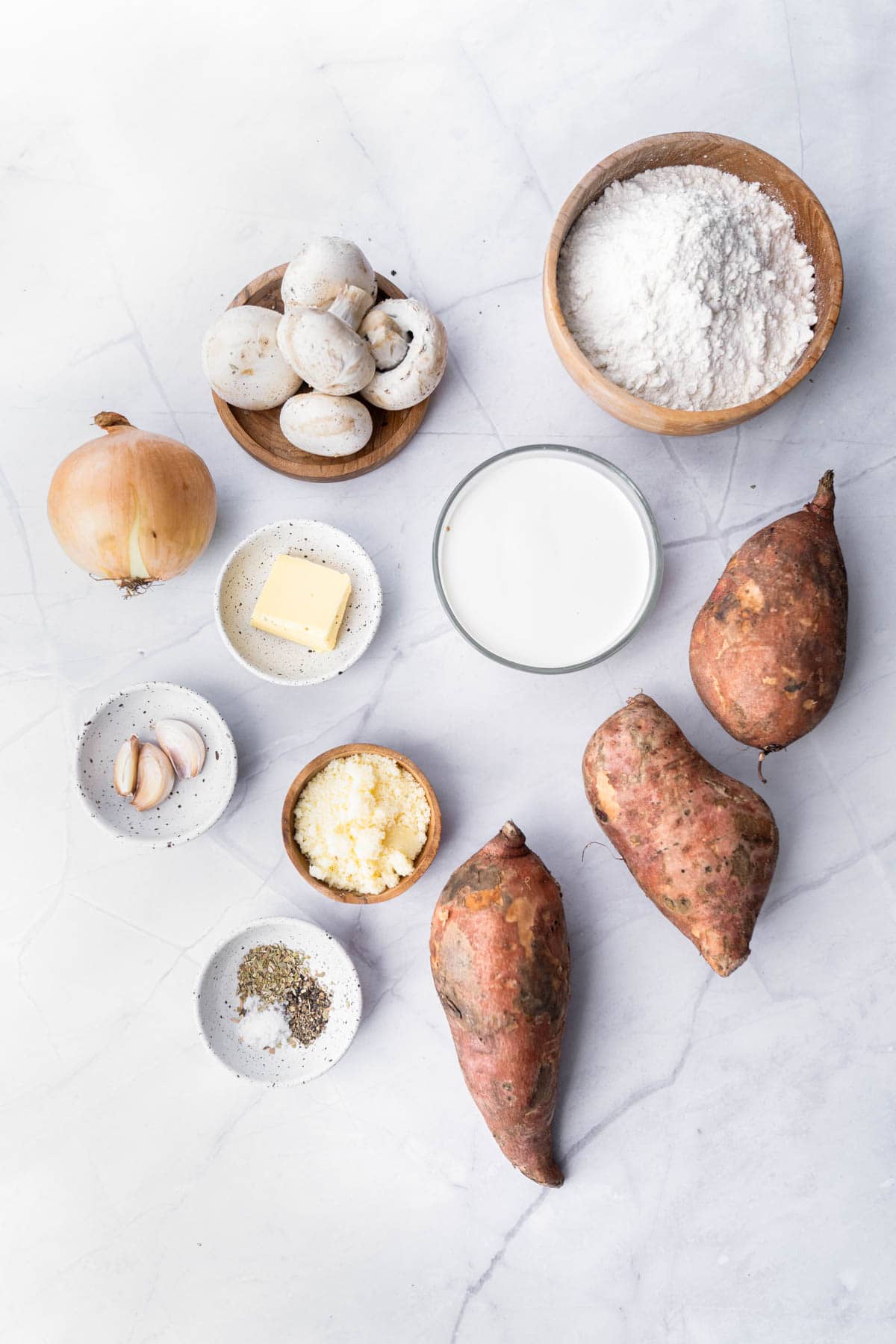 Ingredients for making sweet potato gnocchi.