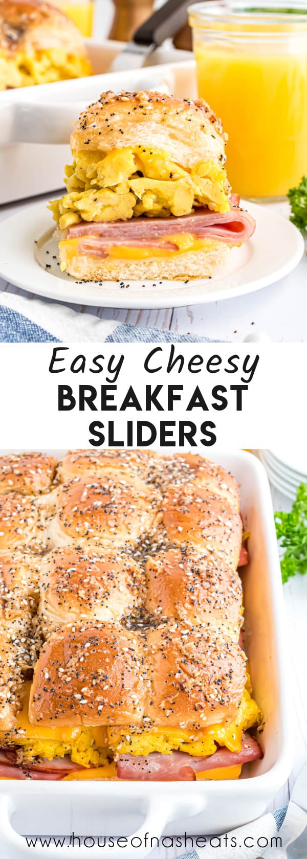 A collage of images of cheesy breakfast sliders with text overlay.