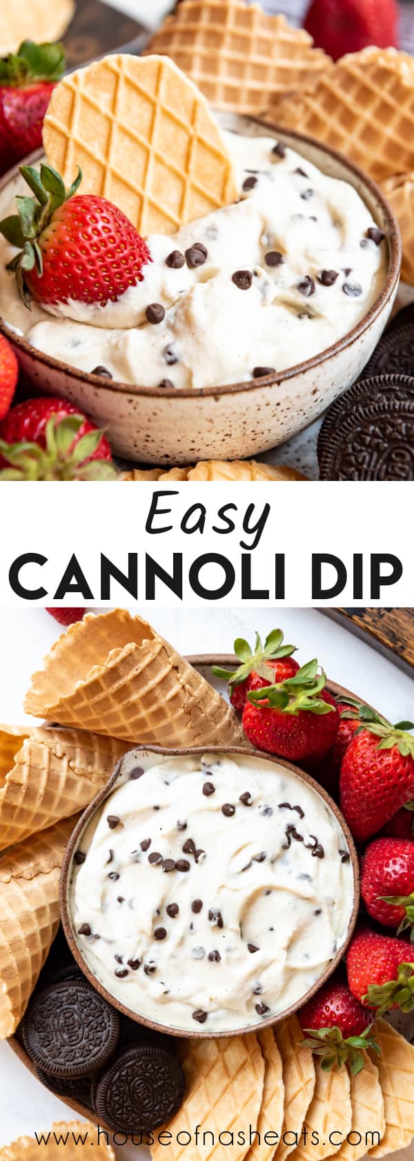 A collage of images of cannoli dip with text overlay.