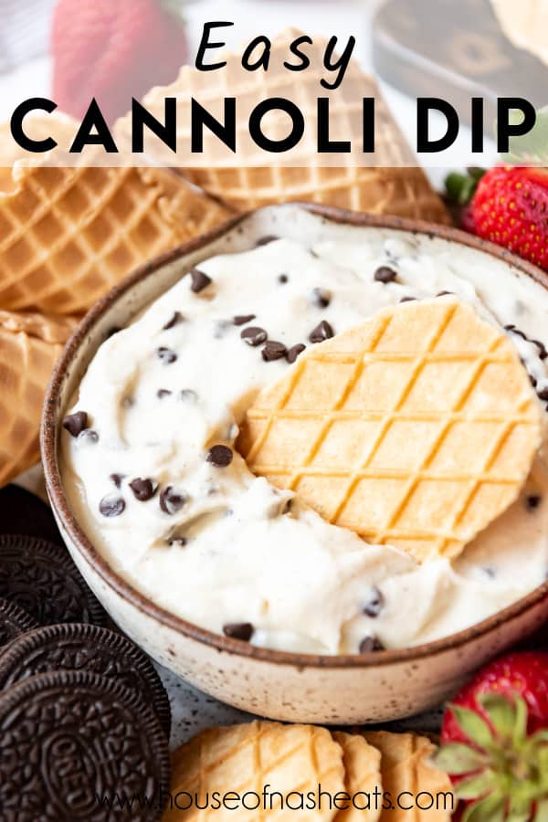 A bowl of cannoli dip with text overlay.
