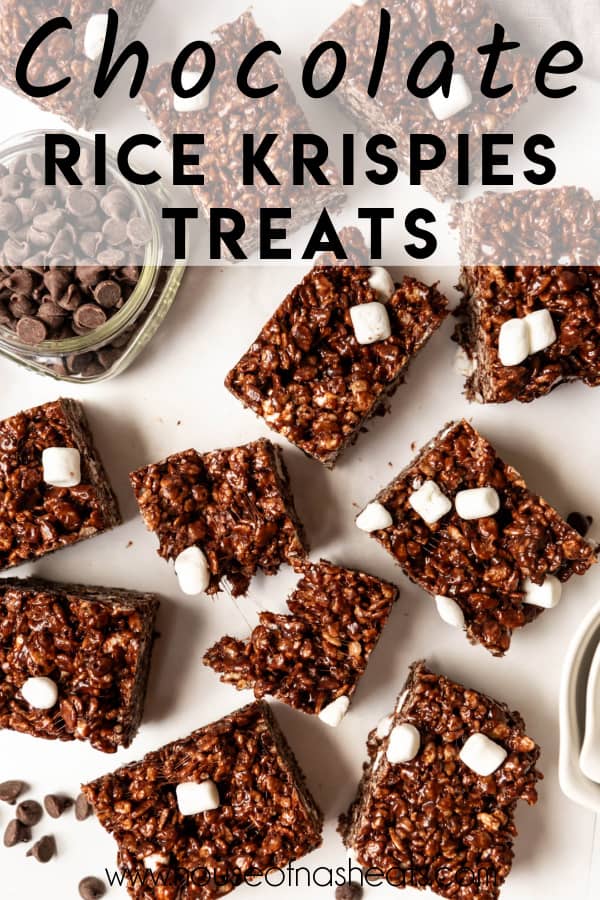 An overhead image of chocolate rice krispy squares with text overlay.