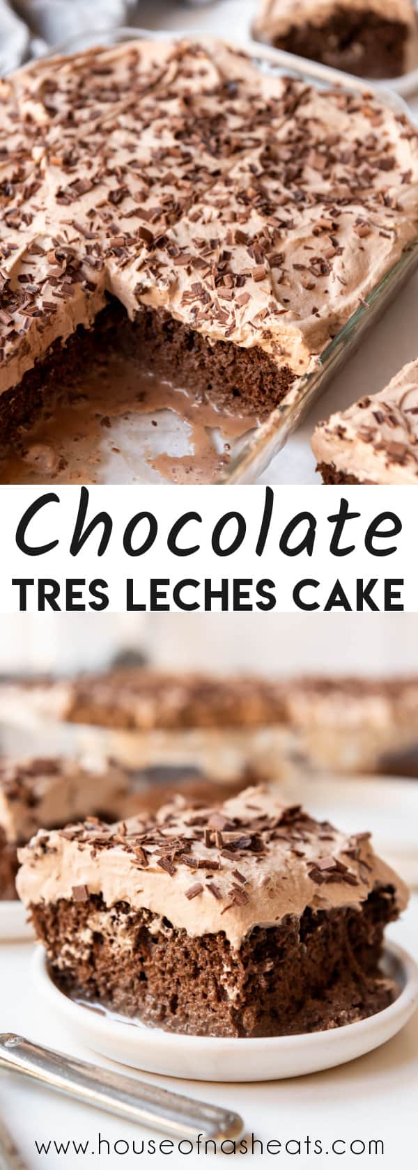 A collage of images of chocolate tres leches cake with text images.