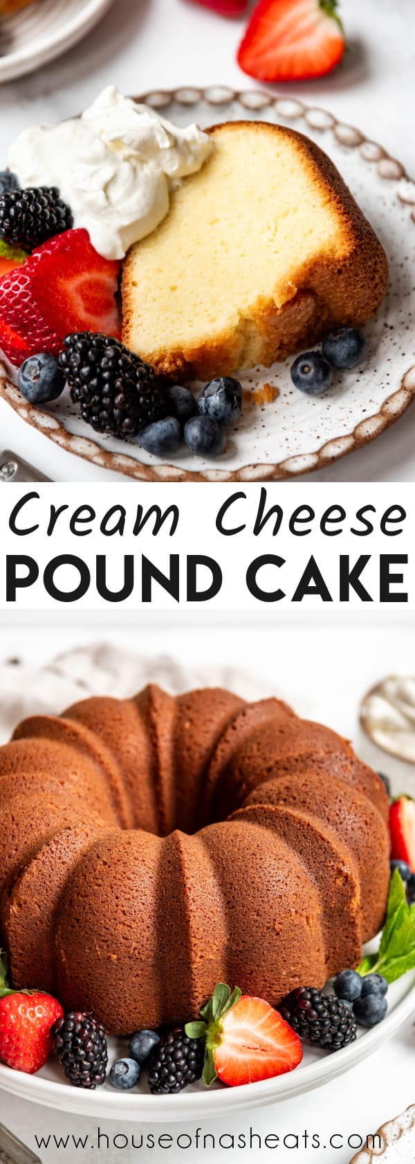 A collage of images of cream cheese pound cake with text overlay.